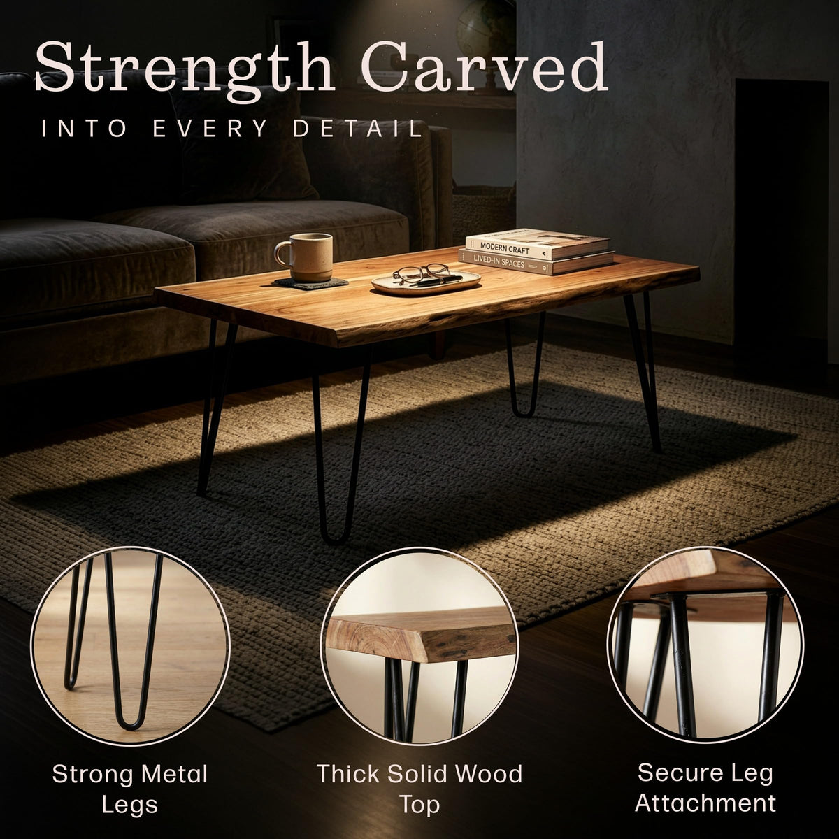 Solid Wood Coffee Table with Hairpin Metal Legs, 48 Inch X822