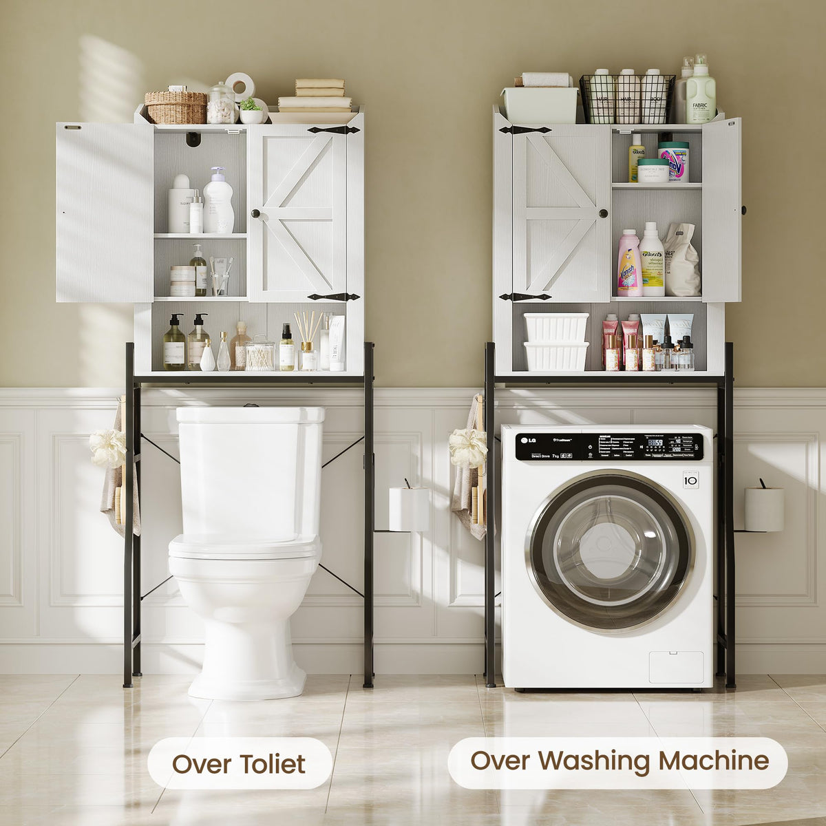 Over The Toilet Storage Cabinet with 2-Door & Metal Stand, White Y1526