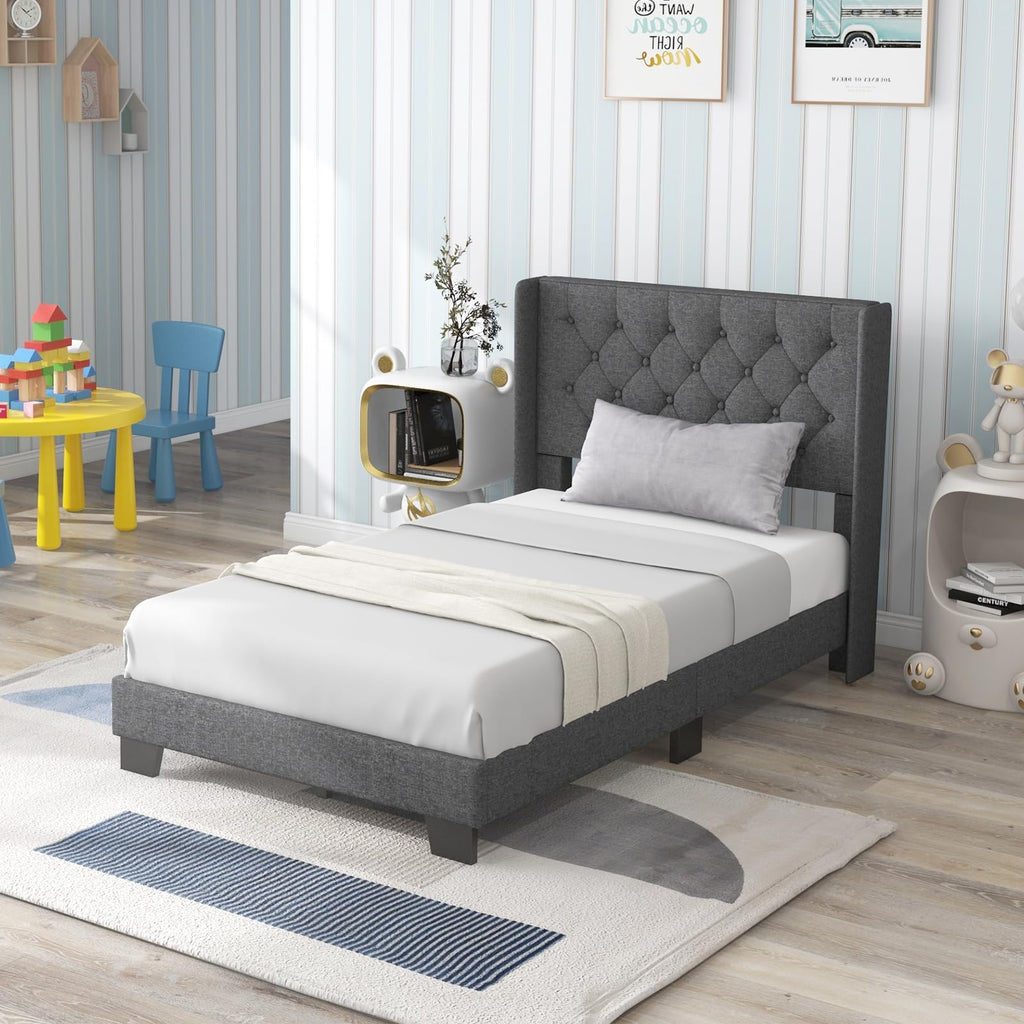 Twin Fabric Upholstered Platform Bed with Wingback Button Tufted Headboard L208