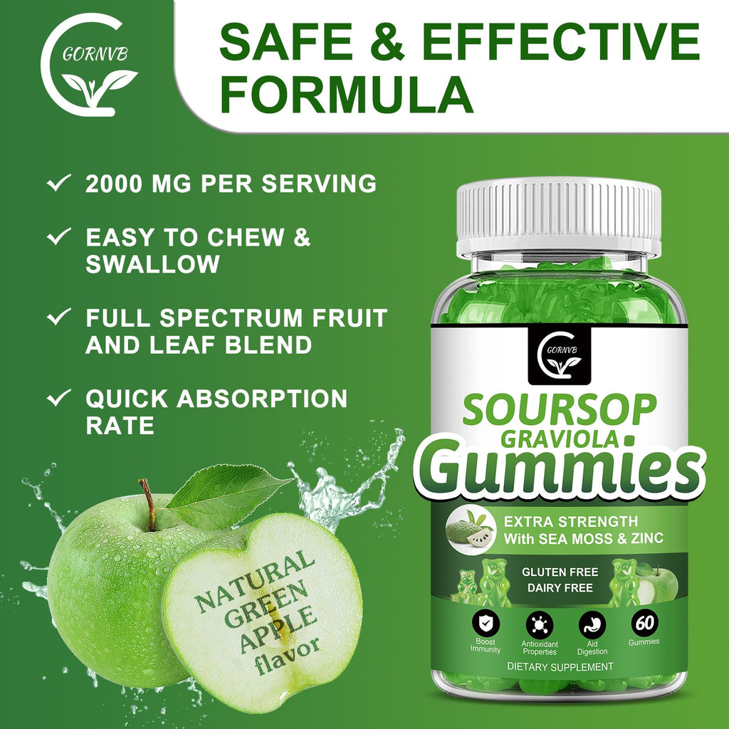 Organic Soursop Graviola Gummies 2200mg with Sea Moss Zinc Vitamin C 60 Gummies F6411