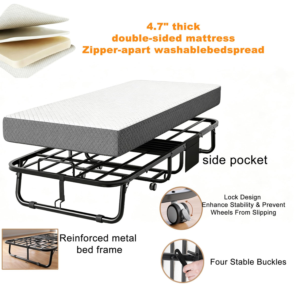 Folding Rollaway Guest Bed with 5" Memory Foam Mattress, Twin Size D7020