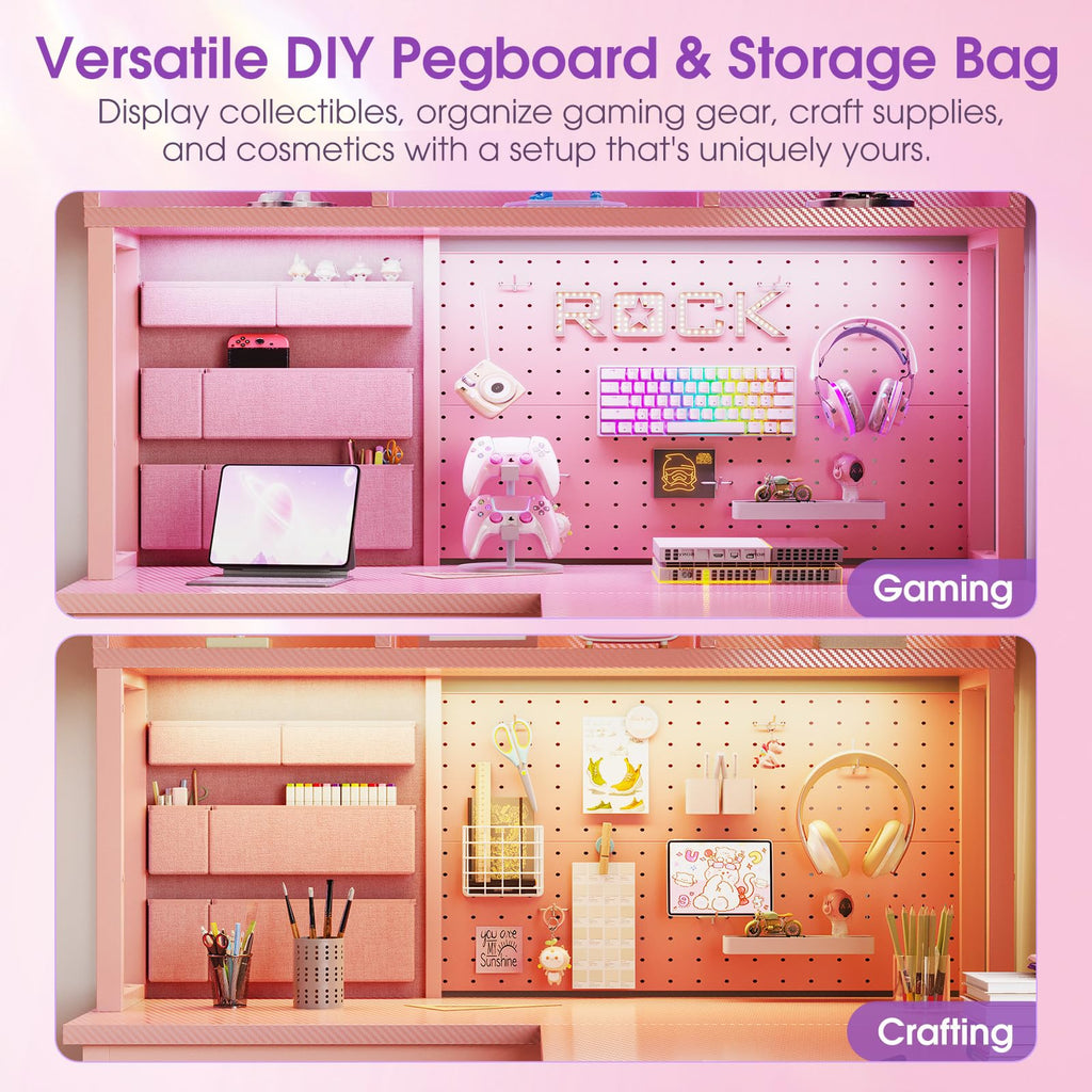 53" L Shaped Gaming Desk with Pegboard, Hutch & 4 Drawers, Pink Y634