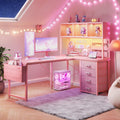 53" L Shaped Gaming Desk with Pegboard, Hutch & 4 Drawers, Pink Y634