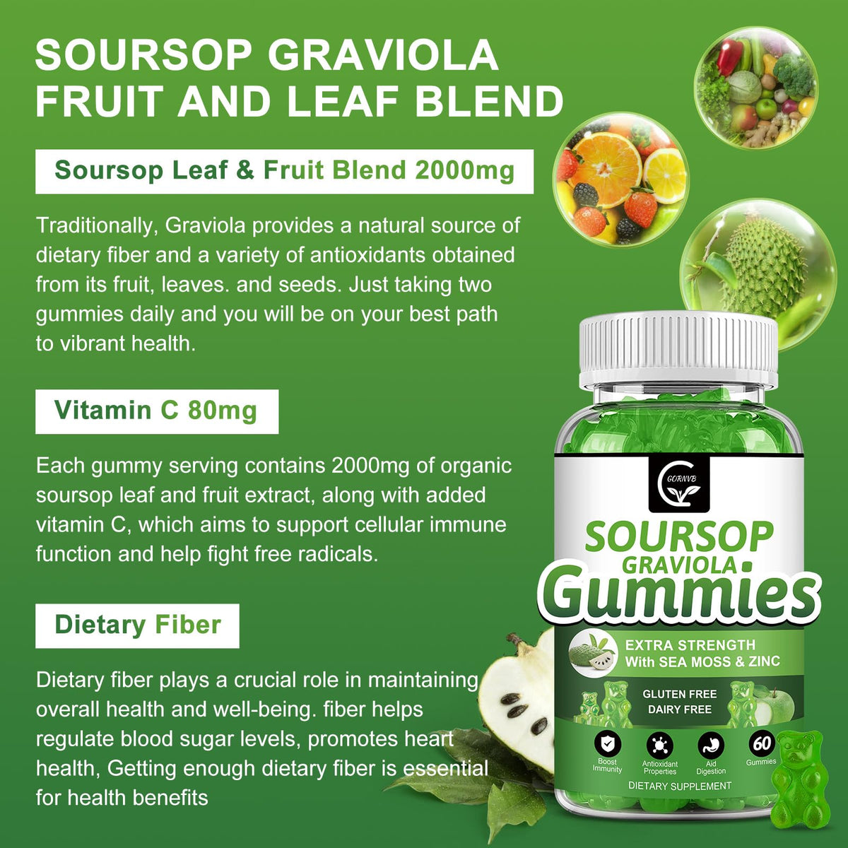 Organic Soursop Graviola Gummies 2200mg with Sea Moss Zinc Vitamin C 60 Gummies F6411