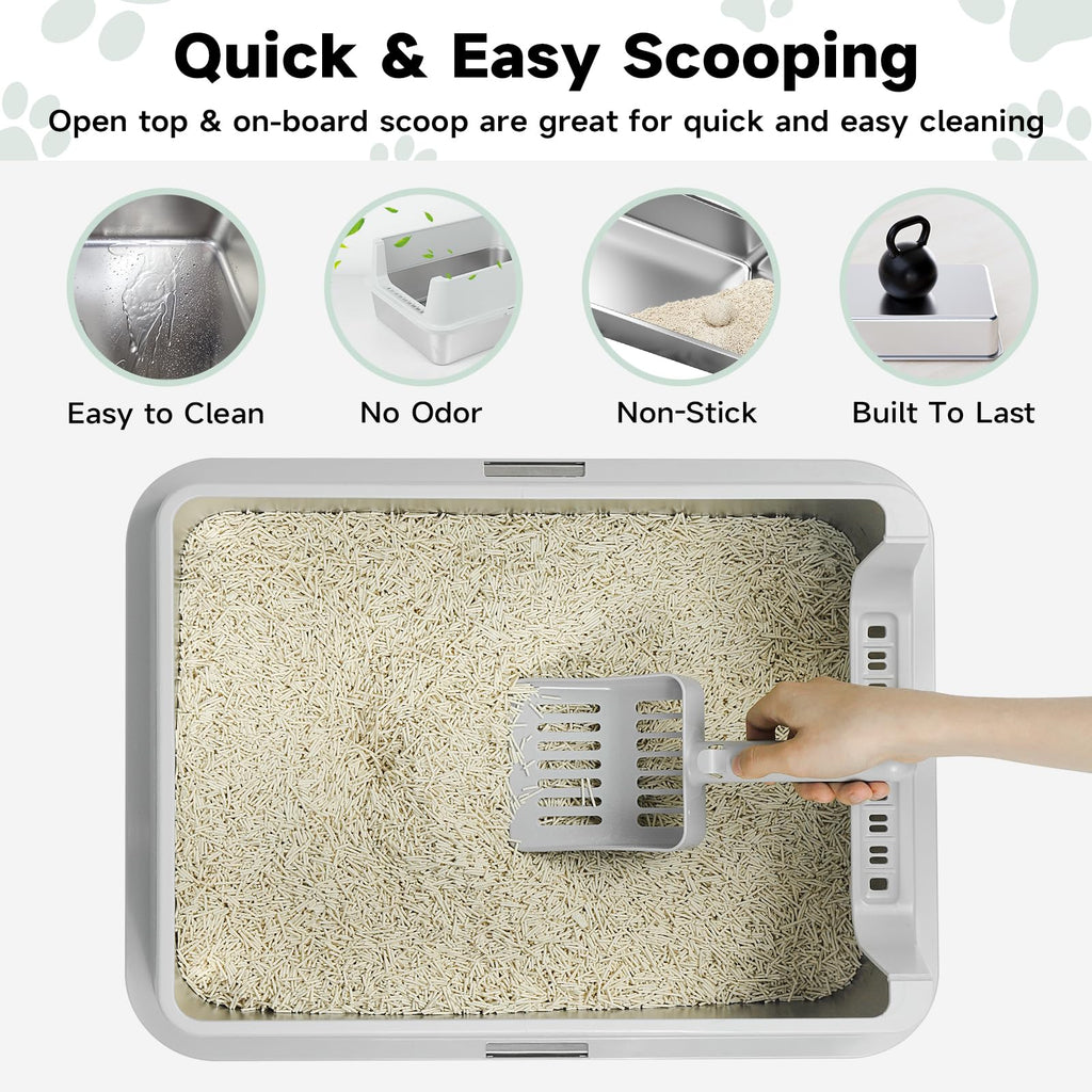 Stainless Steel Cat Litter Box with High Sides, Litter Mat, Scoop Y2851