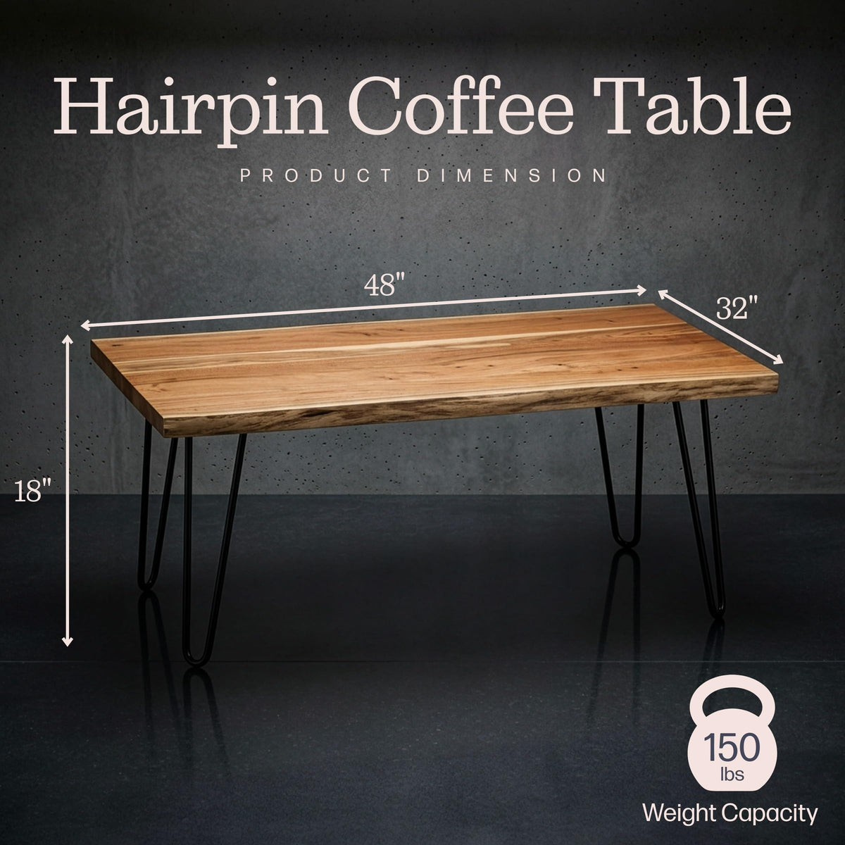 Solid Wood Coffee Table with Hairpin Metal Legs, 48 Inch X822