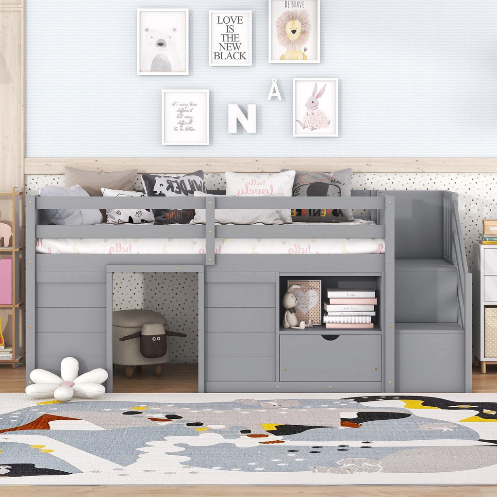 Twin Size Wood Loft Bed with Storage A6651