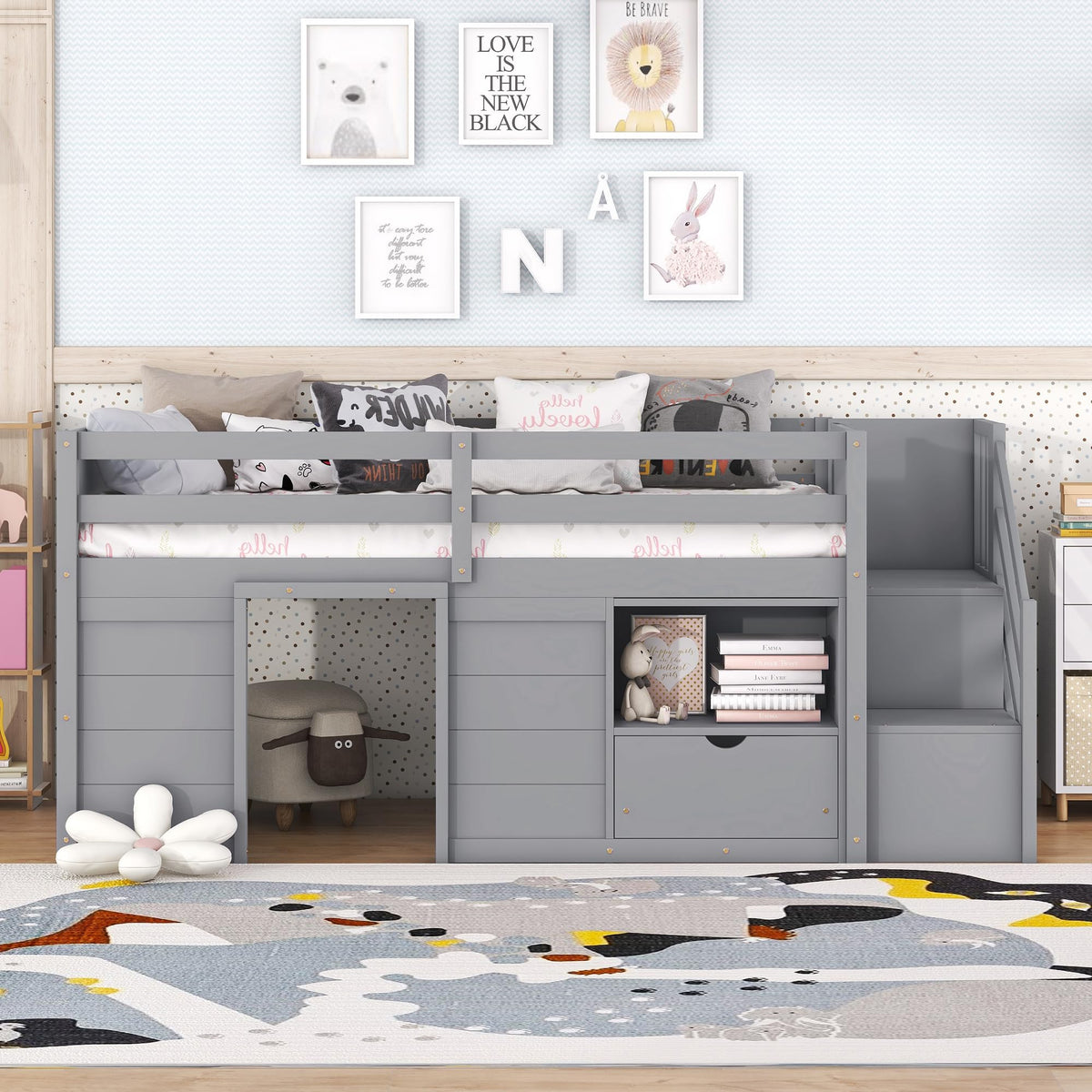 Twin Size Wood Loft Bed with Storage A6651