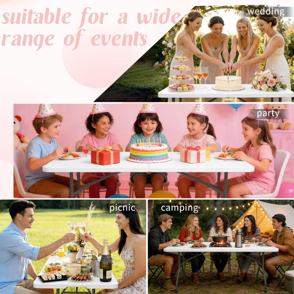 2 Pack 6 Feet Portable Folding Table White Plastic I312344