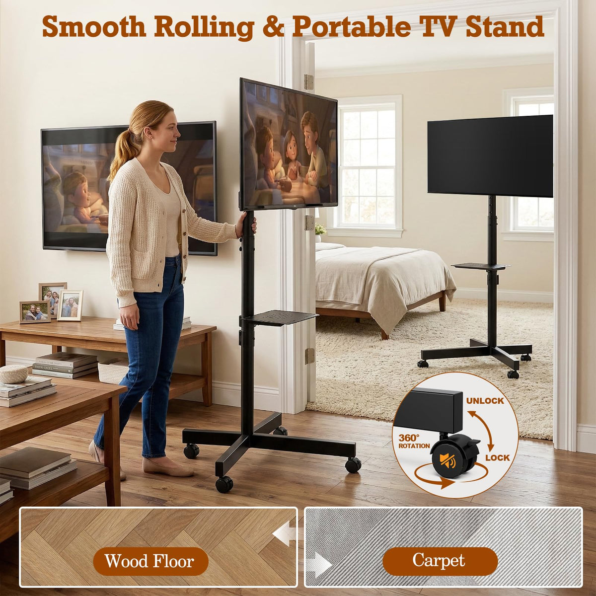 Rolling TV Stand with Wheels for 23-60 Inch Flat Curved TVs V11642
