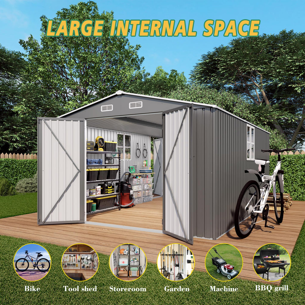 10x14x6.7FT Galvanized Steel Outdoor Storage Shed with Lockable Door & Window Z638761