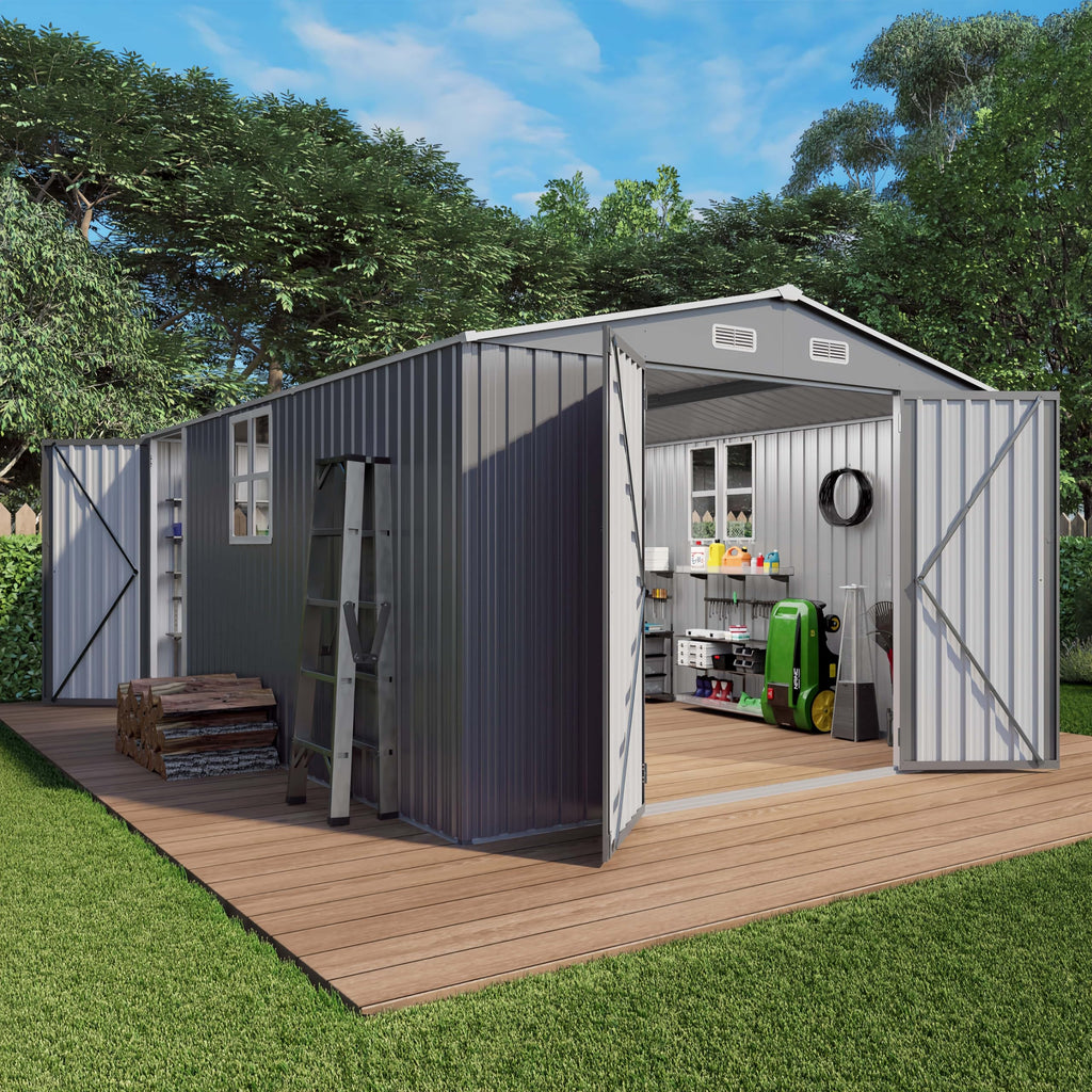 10x14x6.7FT Galvanized Steel Outdoor Storage Shed with Lockable Door & Window Z638761