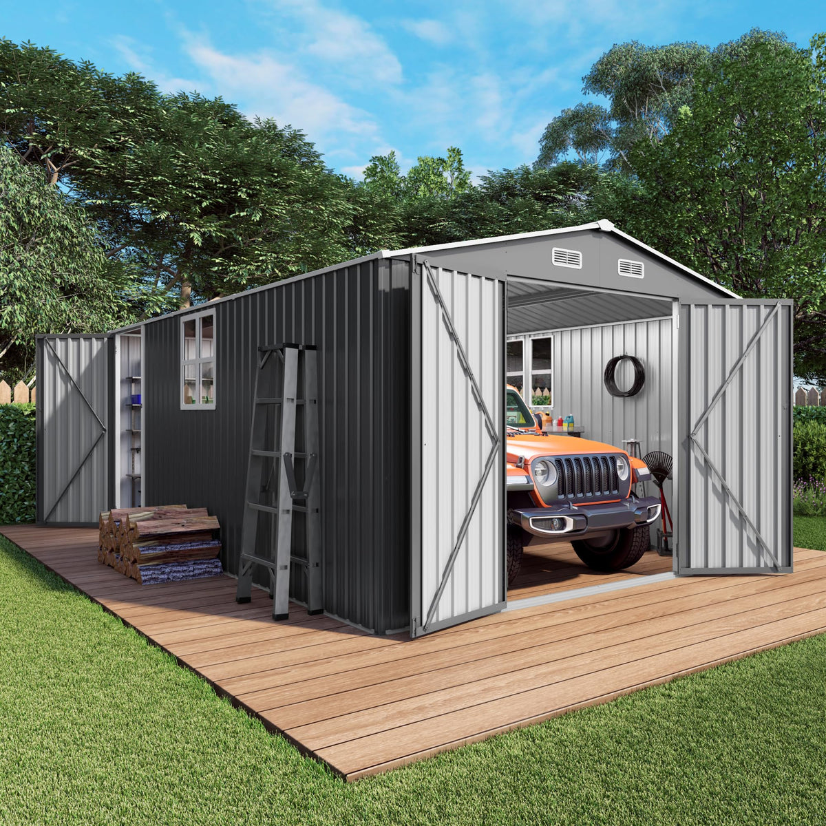 10x14x6.7FT Galvanized Steel Outdoor Storage Shed with Lockable Door & Window Z638761
