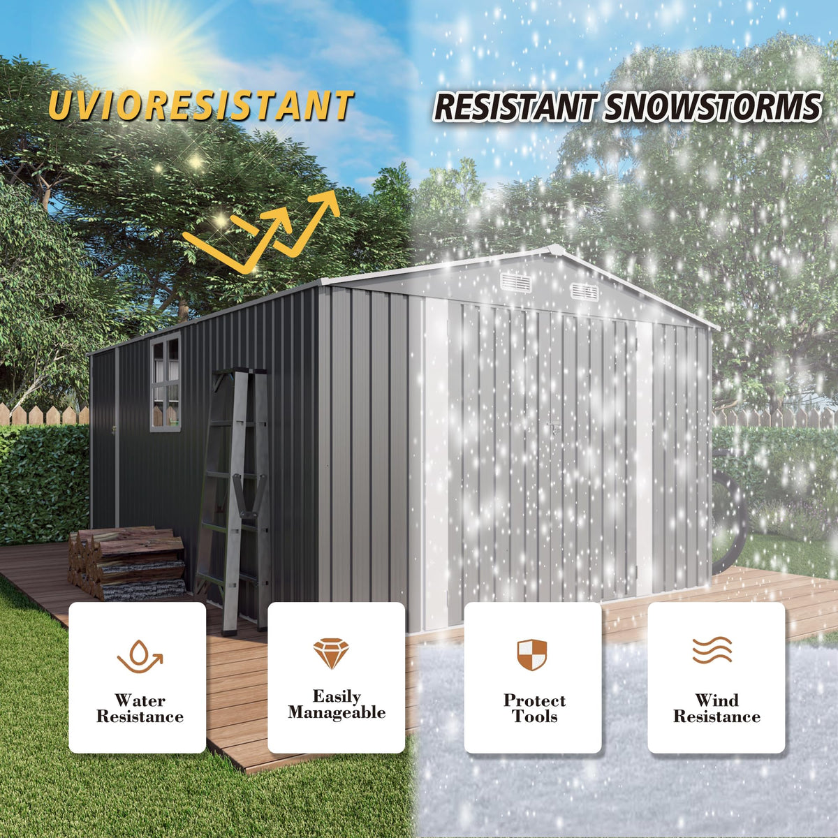 10x14x6.7FT Galvanized Steel Outdoor Storage Shed with Lockable Door & Window Z638761